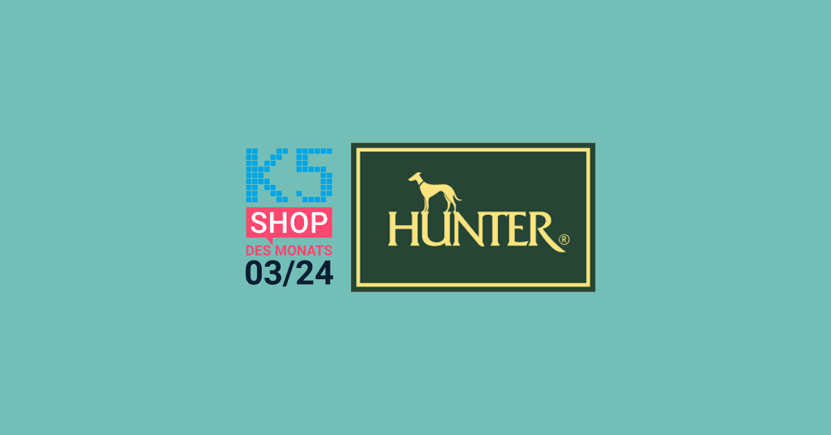 Das Bild zeigt das Logo von Hunter, dem Gewinner des Shop des Monats im März 2024, sowie das Logo des K5 Shops des Monats auf türkisem Hintergrund